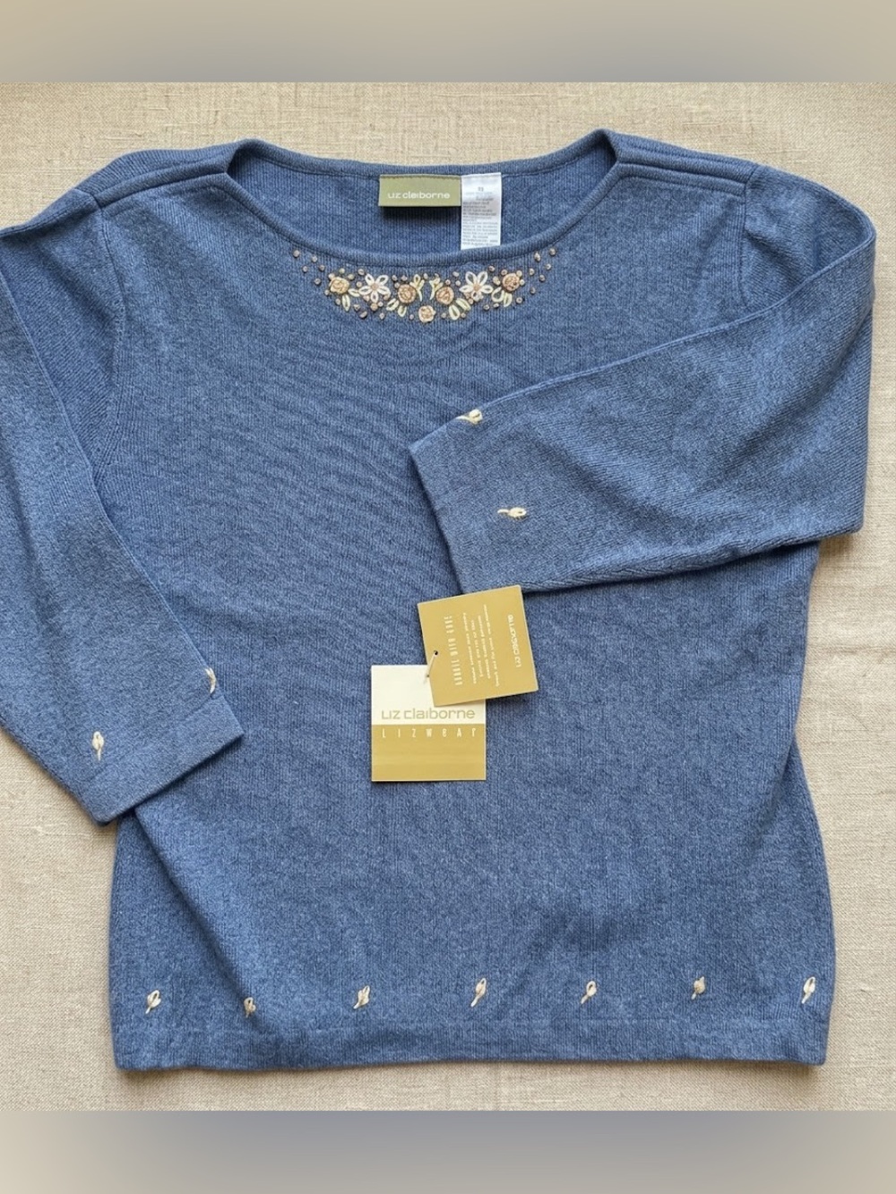 NWT Vintage Liz Claiborne Lizwear Embroidered Flower Cotton Knit Top Sweater